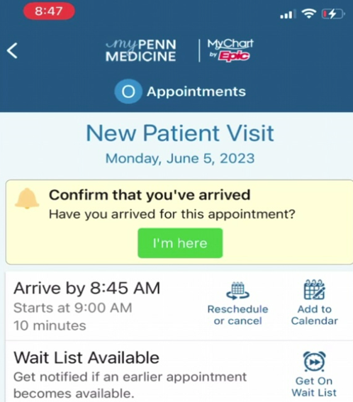 Sample screen shot from the patient portal that shows a button that will be available in the portal for patients 15 min before to their appointment arrival time. The text on the button reads, "I'm here." 